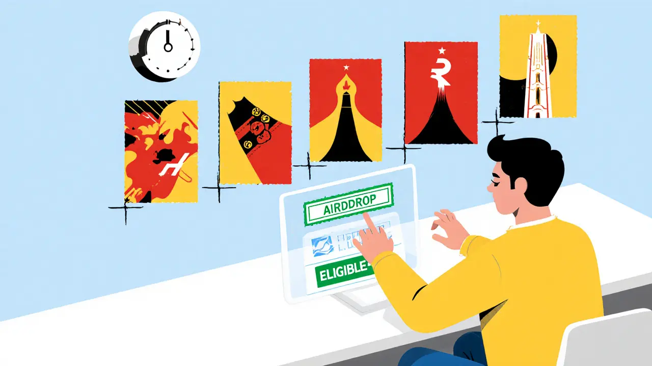 A user checks eligibility on a holographic screen, with past airdrops displayed as bold Polish poster-style banners behind them.