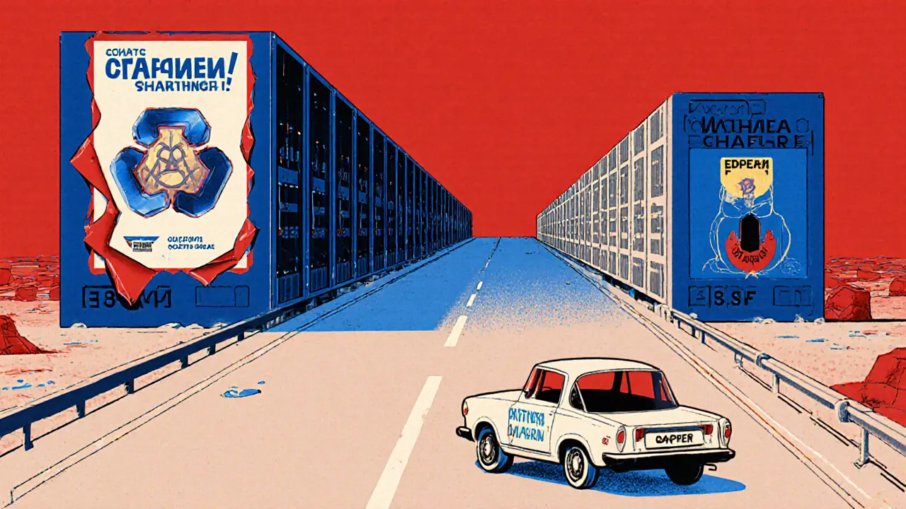 An empty car labeled &#039;Graphene&#039; sits idle on a silent blockchain highway with peeling promotional posters.