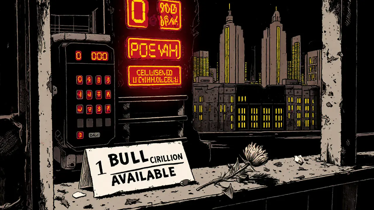 An empty marketplace stall with a sign for 1 billion BULL tokens, showing no inventory and conflicting price screens.