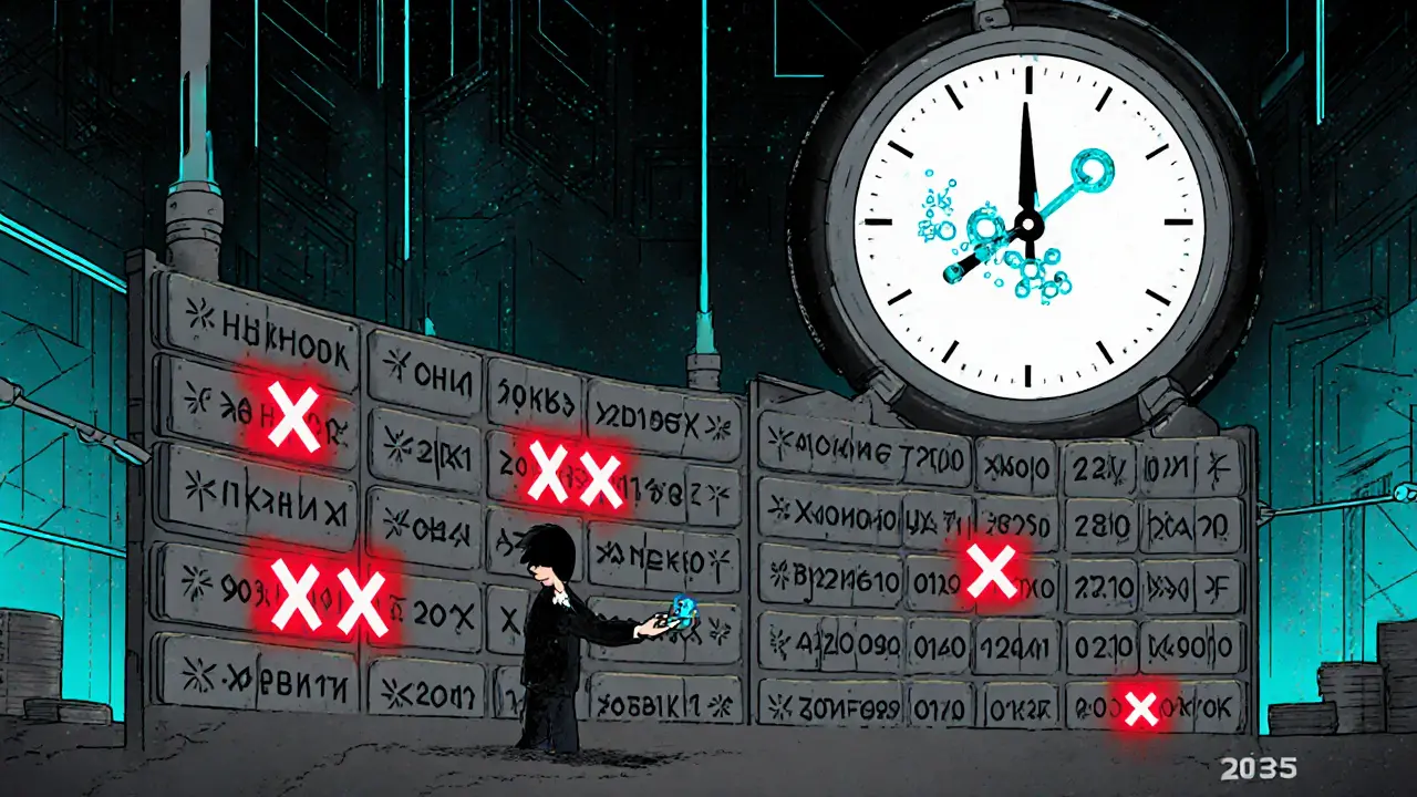 An investor facing exposed blockchain addresses as a quantum key hovers near one, under a 2035 clock made of particles.