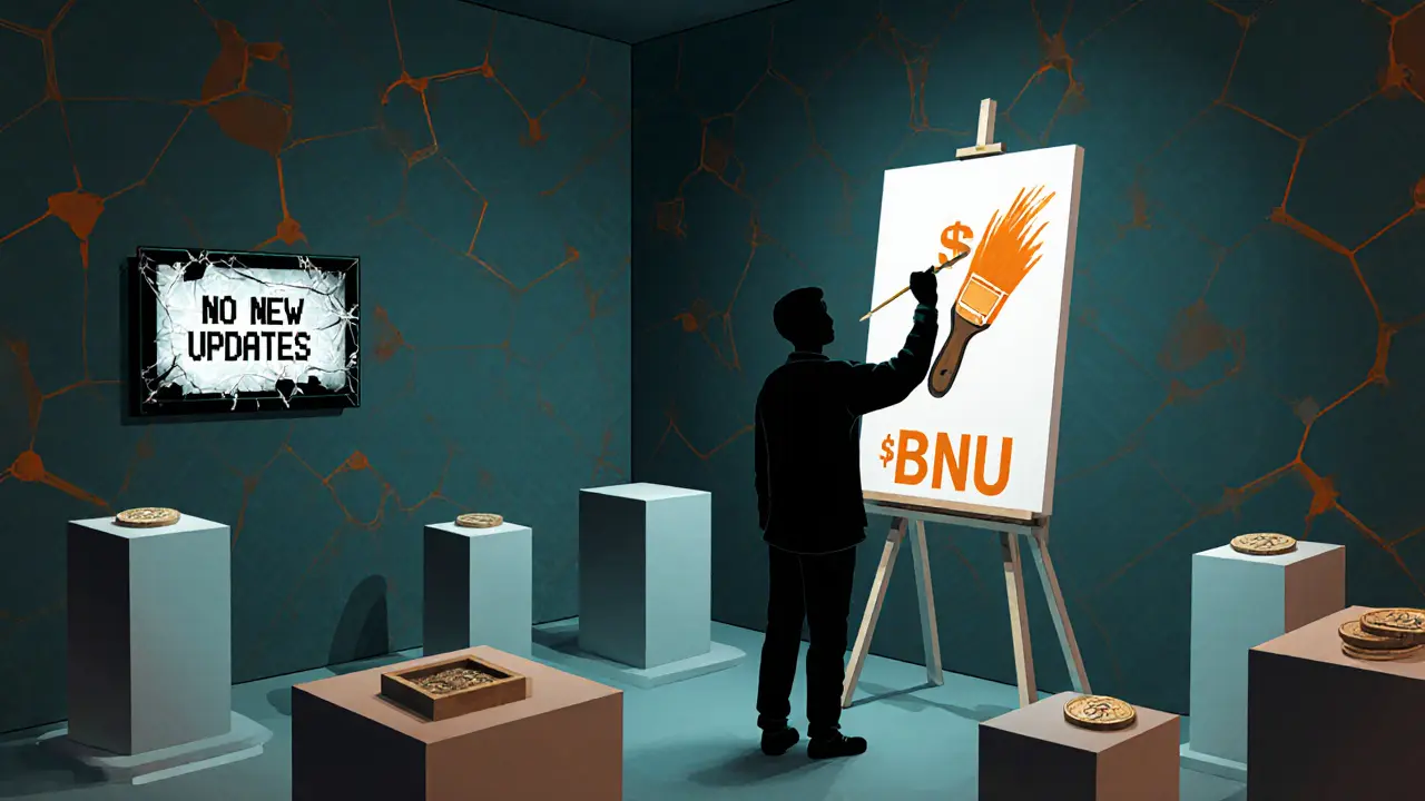Artist alone in empty digital gallery painting with BNU tokens as paint