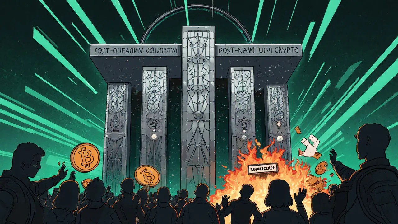 Four algorithmic guardians protect a post-quantum vault as users burn old crypto wallets in the background.