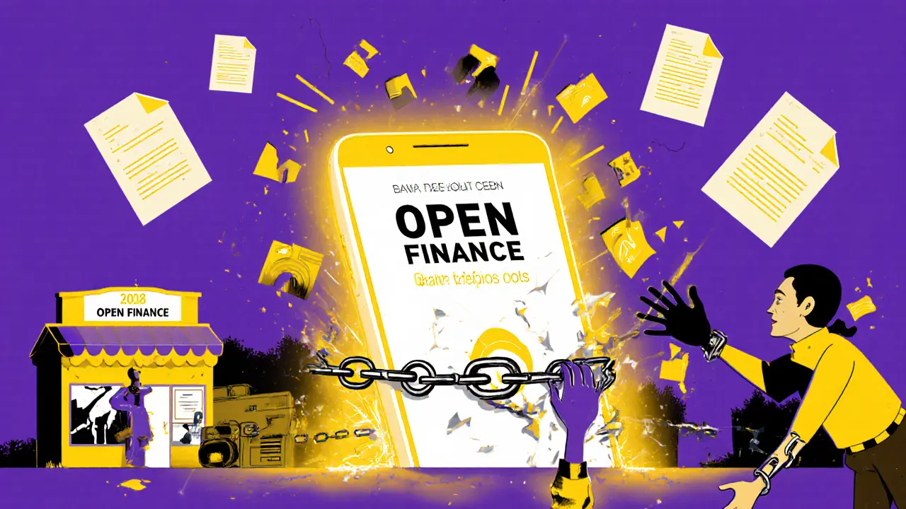 Old smartphone labeled &#039;2018 Law&#039; breaking as SMEs reach for a new 5G device, blocked by fax machines and papers.