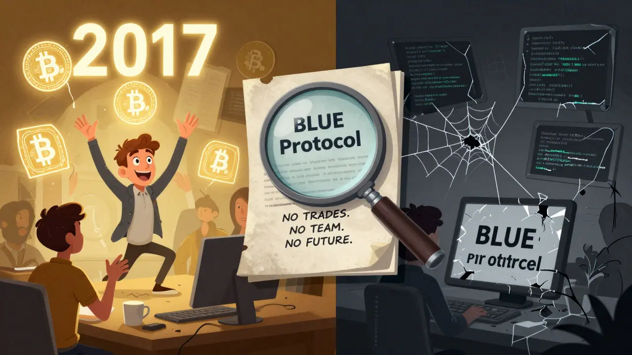 Split image: hopeful 2017 crypto vision vs. decaying reality, with a dusty whitepaper under magnification.