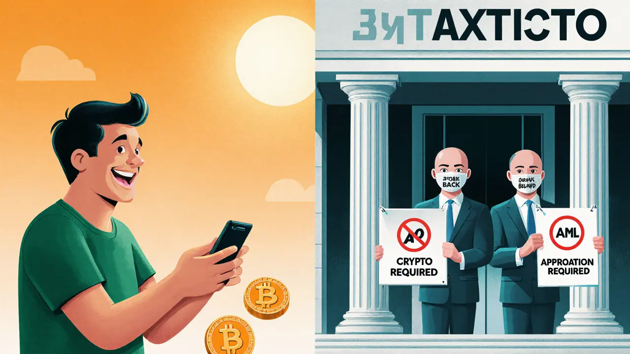 Split scene: person using crypto freely vs. bank staff refusing crypto services with bureaucratic signs.