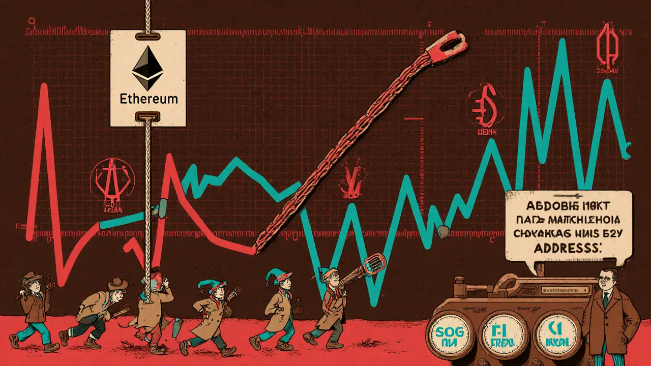 A blockchain heartbeat monitor with spikes, airdrop clowns fleeing, analysts adjusting dials in poster style.