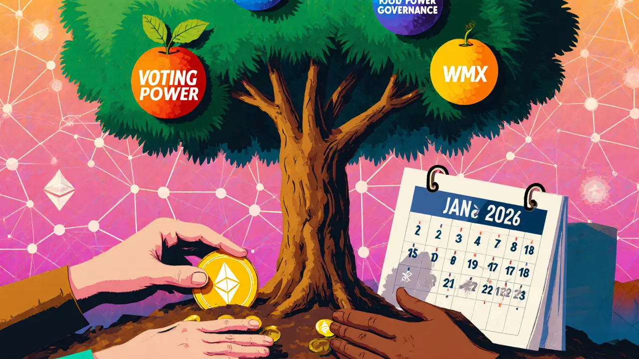A blockchain tree bearing yield and governance fruit, with hands planting WMX tokens as a calendar turns to January 2026.