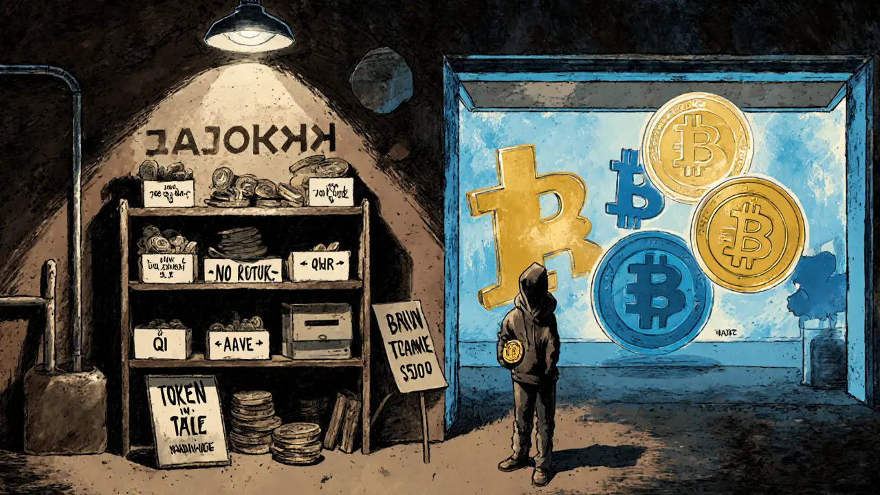 A dim garage sale with QI tokens for sale, while brighter, legitimate crypto tokens glow in the distance under a modern exchange hall.