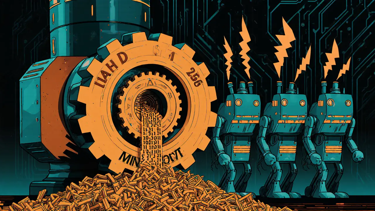 A double hash machine crushing transactions into hex digits, with robotic ASIC miners marching behind.