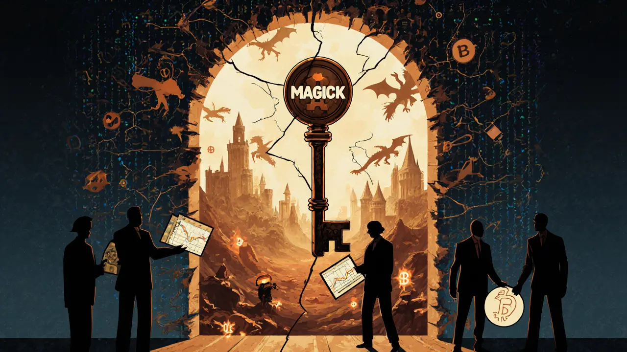 A key shaped like a crypto token hovers over a door revealing a fantasy game world, while shadowy figures hold price charts.