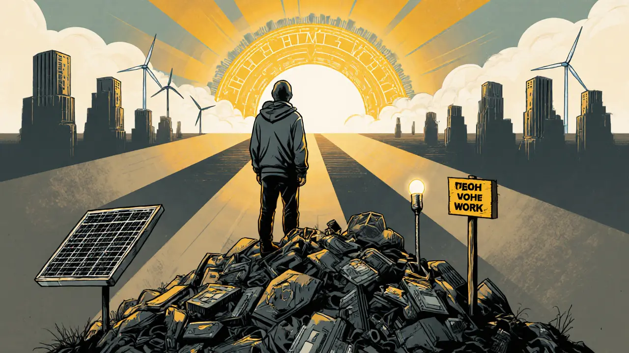 A lone miner atop a pile of old hardware, gazing at a giant SHA-256 sun while corporate shadows loom.