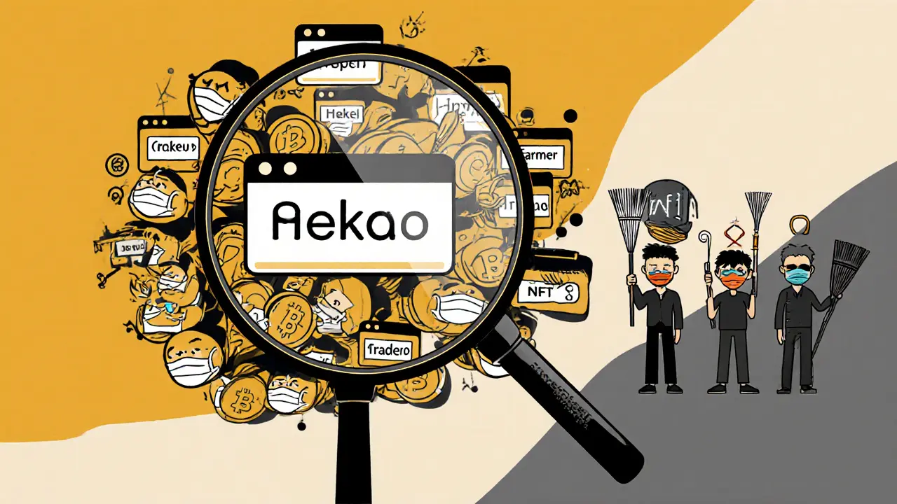 A magnifying glass revealing fake and real wallet identities, clean filter removing bots, three genuine users holding utility tools.