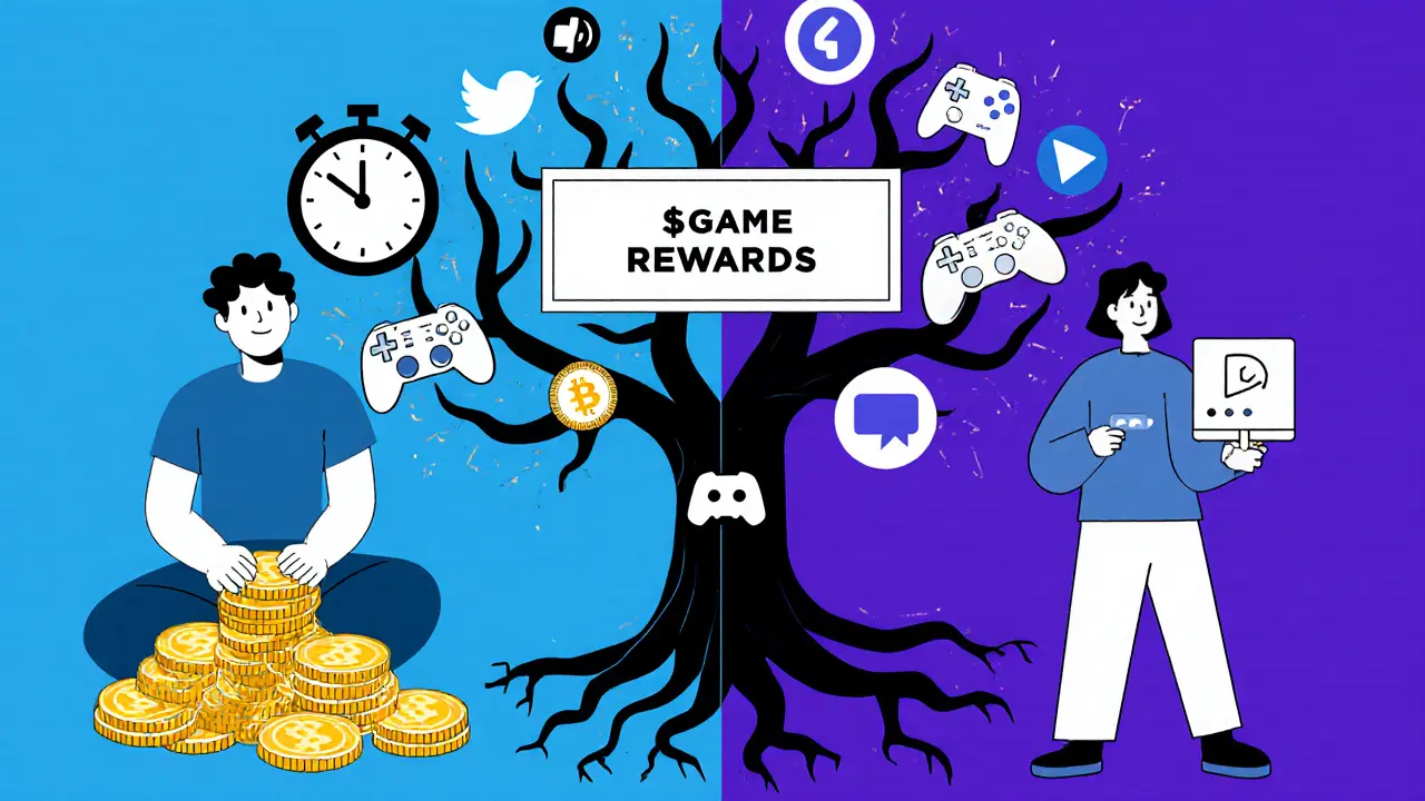 A person earning rewards by staking and completing social quests, with a blockchain tree in the center.