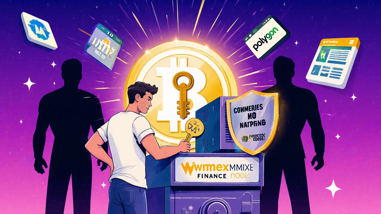 A person unlocking a vault labeled &#039;47 WMX&#039; with a token key, while scammer silhouettes are repelled by a shield.