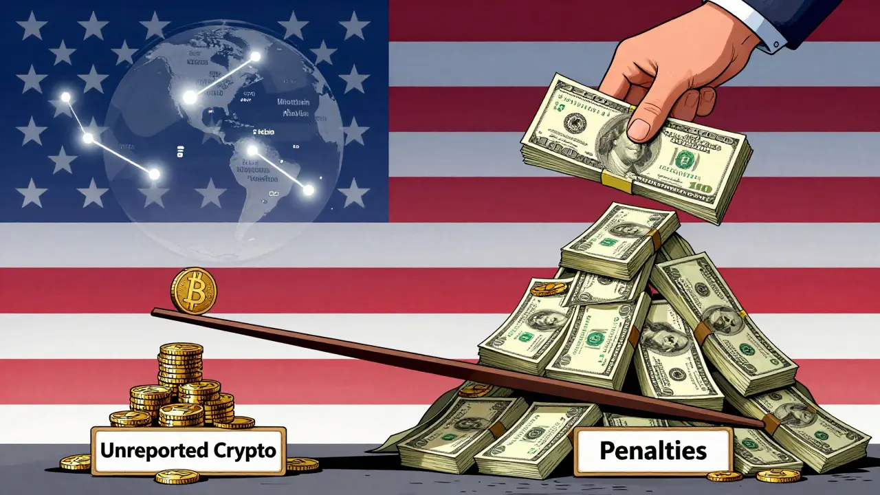 A scale tipping under penalties from unreported crypto, with IRS hand adding weights from blockchain maps and global wallet nodes.