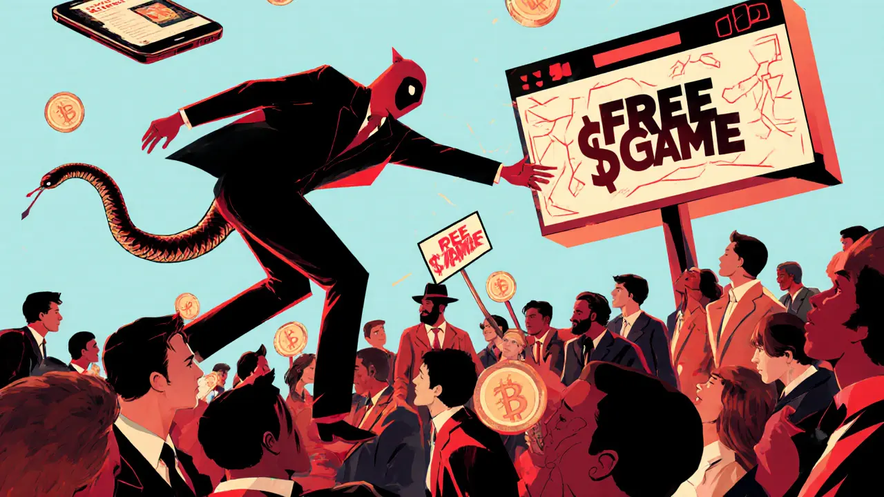 A scammer being rejected by players holding real GAME tokens, with a marketplace floating above.