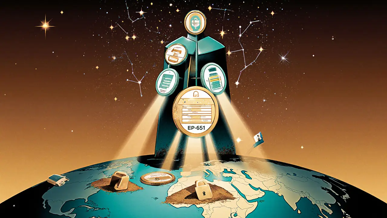 A towering figure made of NFT tokens guarding a global map, with credentials shining across continents and outdated IDs crumbling below.