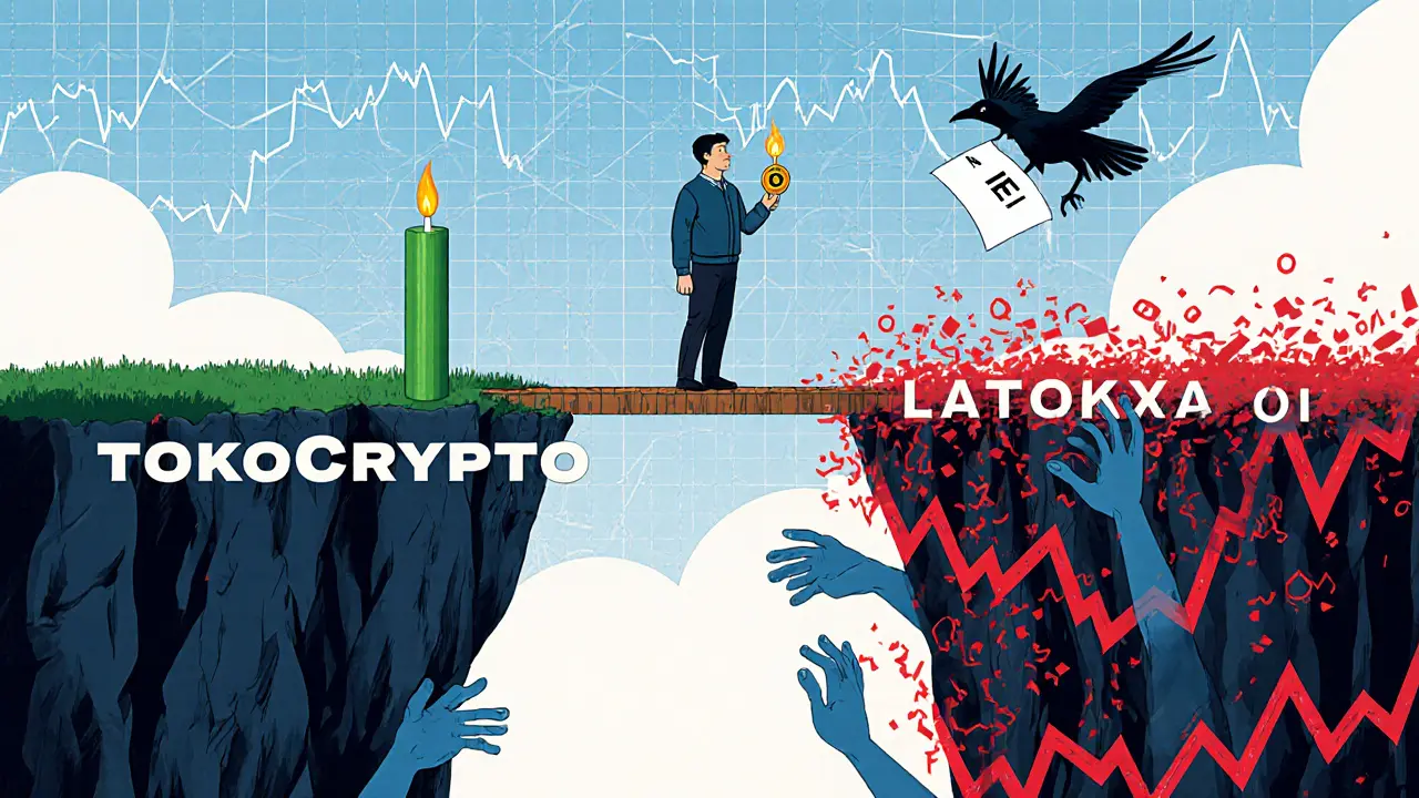 A trader on a plank between two cliffs—one calm, one chaotic—holding a QI token like a match, with broken price charts in the sky.