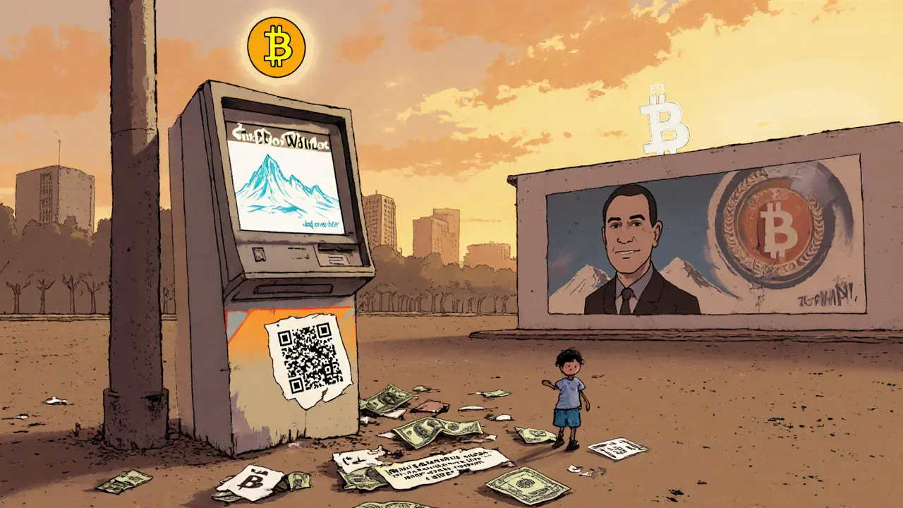 An abandoned Chivo Wallet kiosk in an empty plaza, surrounded by discarded flyers and a single dollar bill, with a faint Bitcoin symbol glowing above.