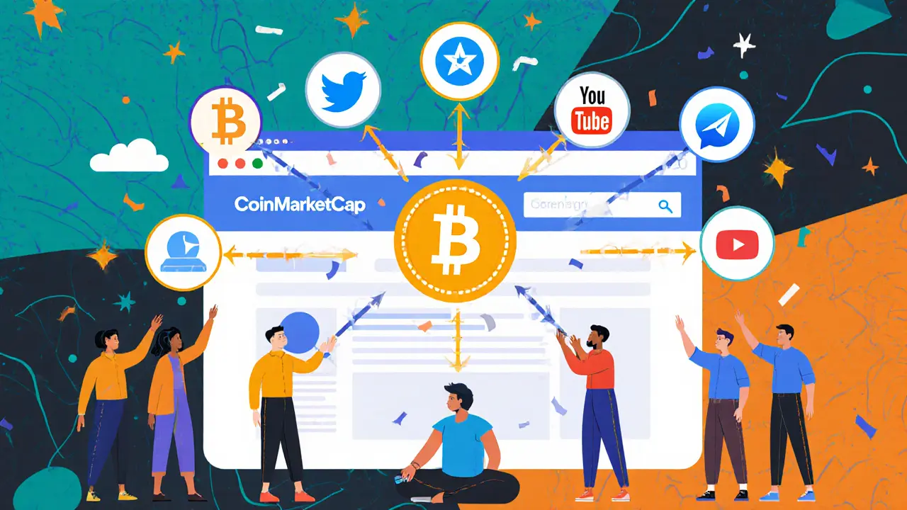 Diverse people completing tasks on CoinMarketCap, each action leading to B2M tokens raining down, set against geometric poster-style patterns.