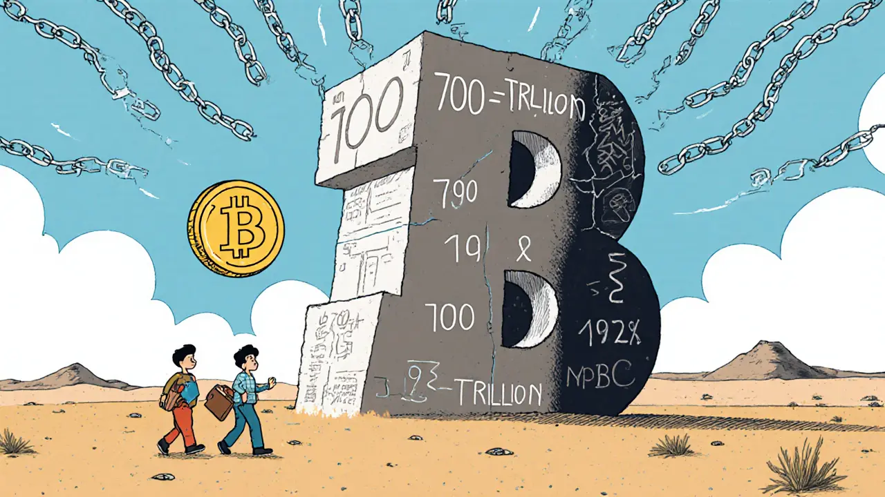 Massive hollow token monument in a desert with zero supply, tiny figures wandering nearby.