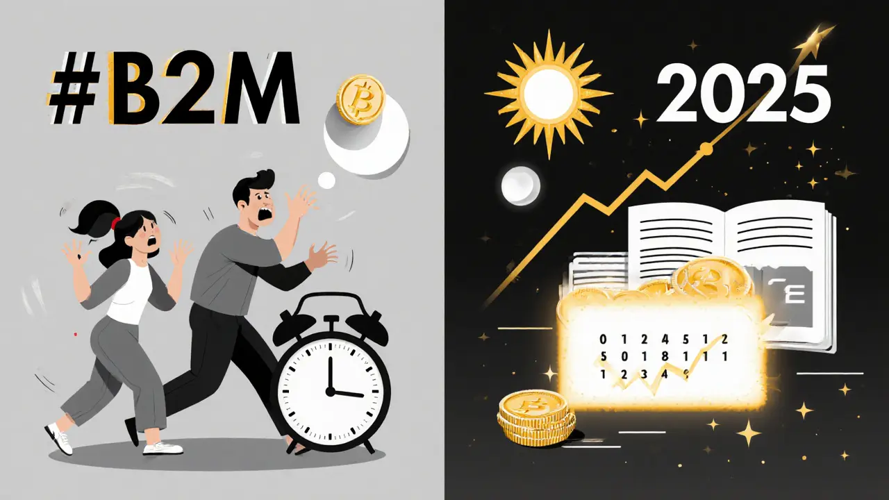 Split scene: one person rushing to buy tokens vs. another calmly staking over time with a rising reward graph and calendar pages.