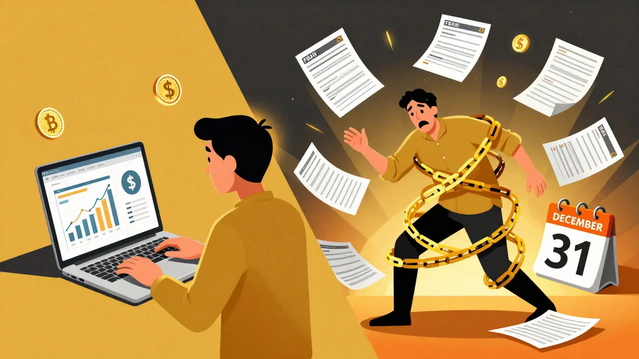 Split scene: one side calm with tax software, the other overwhelmed by FBAR forms and blockchain chains wrapping around a person.