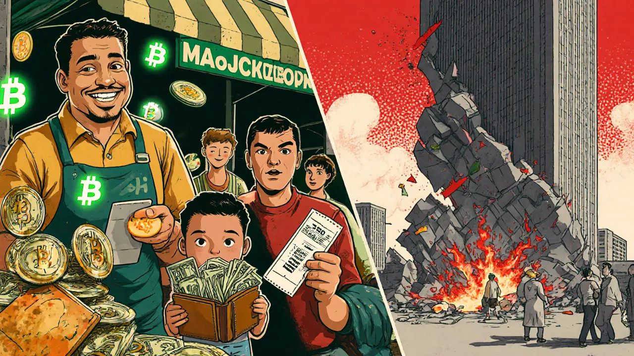 Split scene showing a happy vendor accepting Bitcoin on one side, and the same vendor overwhelmed by crashing Bitcoin prices on the other.