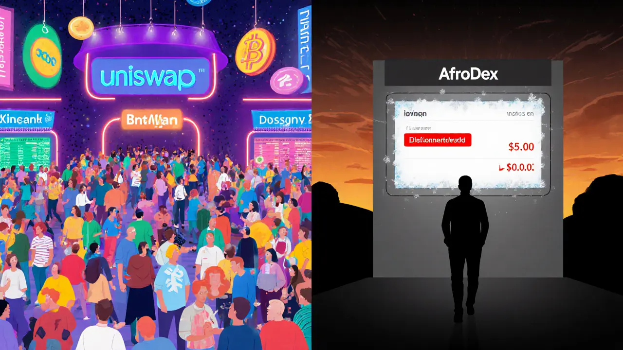 Vibrant Uniswap hub vs. silent, broken AfroDex interface in stark contrast.