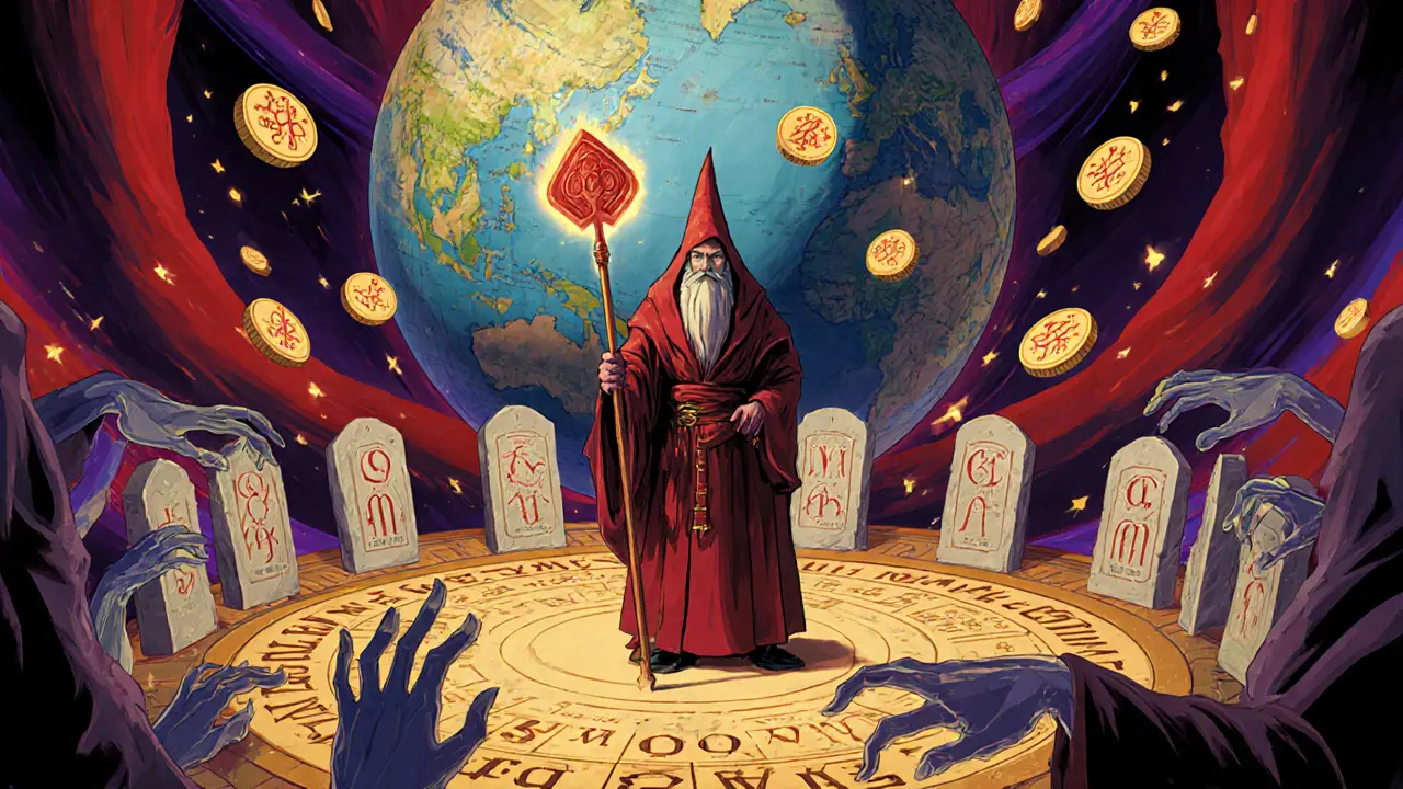 Wizard in a rune chamber surrounded by spectral hands casting votes as MAGICK tokens swirl like fireflies.