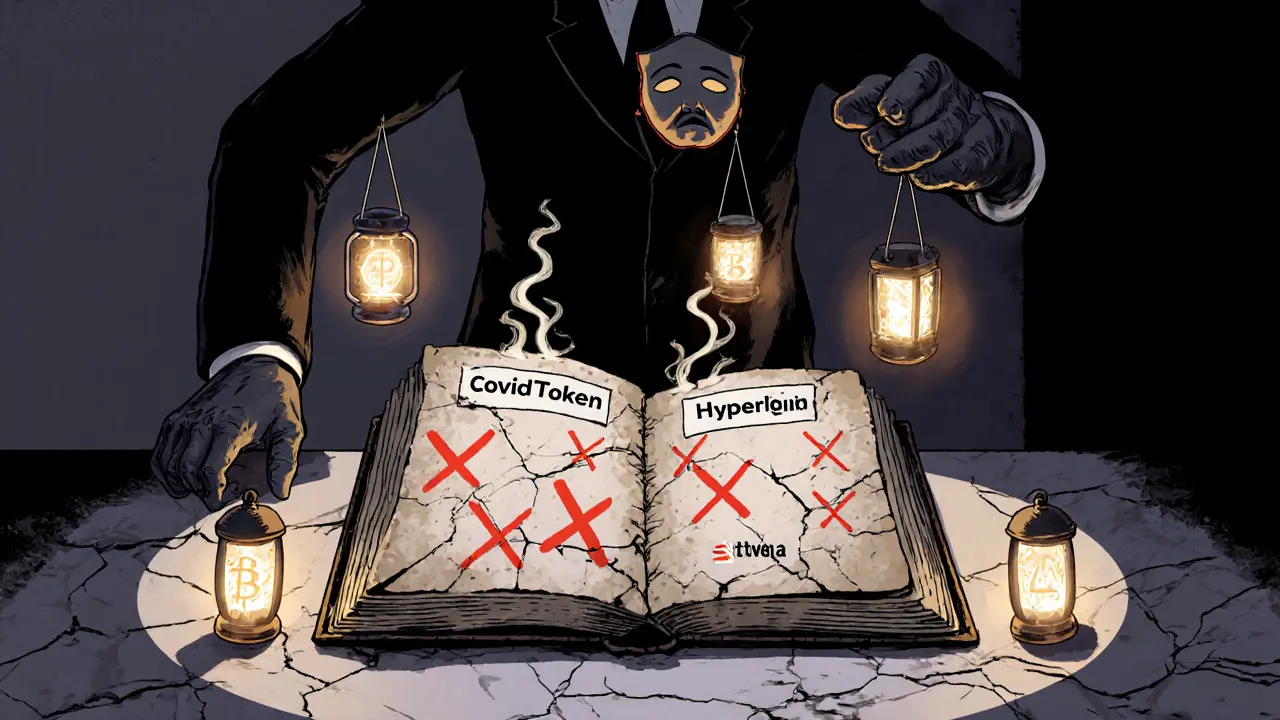 A cracked ledger labeled CovidToken surrounded by glowing legitimate airdrops, depicted in symbolic poster art.