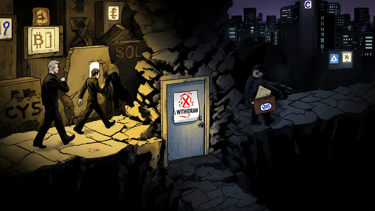 A crumbling bridge to a sealed withdrawal door, with traders choosing safe paths while one hesitates at the edge.