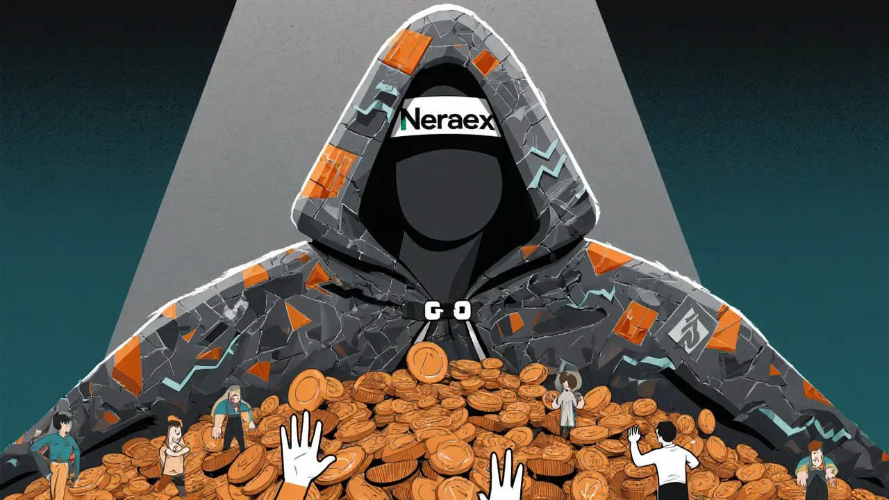 A faceless Neraex figure hollow at the chest, standing on coins while users reach up helplessly.