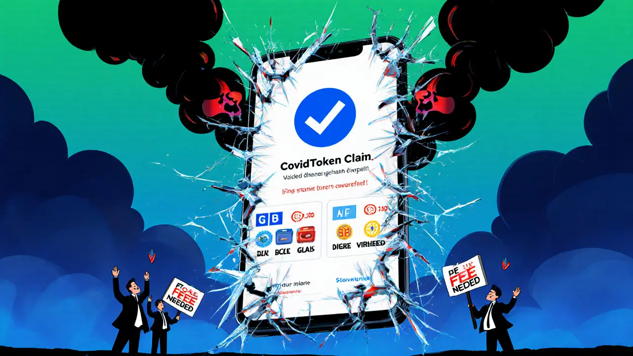 A shattered phone showing a fake crypto scam, with smoke forming a skull, in dramatic Polish illustration style.