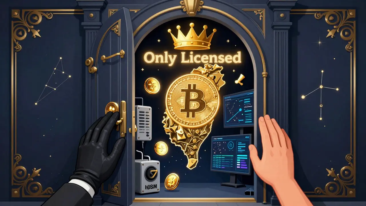 A vault opens to reveal crypto coins and security tech, guarded by AI and user trust, crowned with Taiwan&#039;s map in Polish poster style.