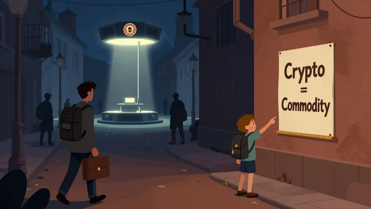 Citizens carrying hardware wallets in a quiet city, a licensed exchange glows in distance while black-market traders vanish into shadows.