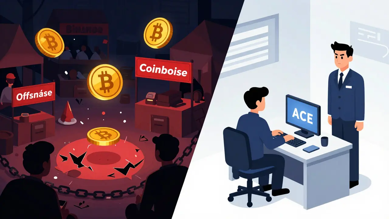 Contrasting scenes: chaotic unregulated crypto market vs. clean, regulated ACE trading floor under FSC protection.