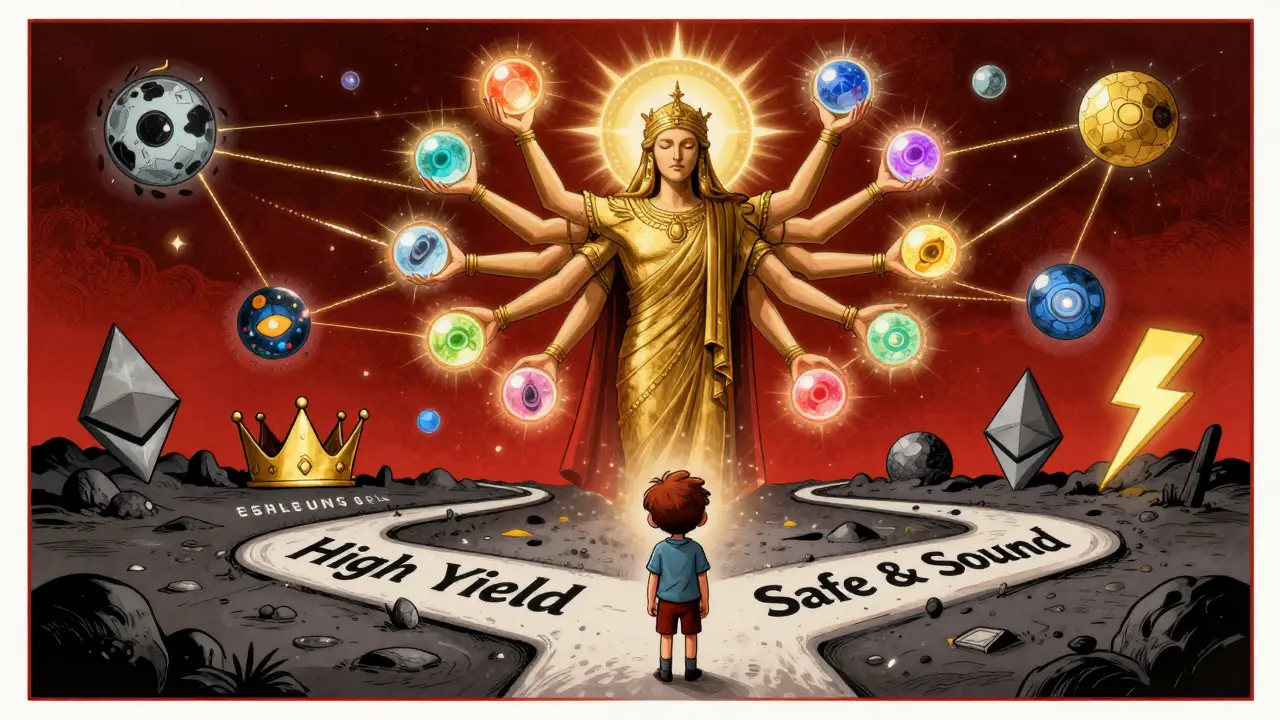 Cosmos deity holding validator orbs connected to blockchain zones, with a beginner choosing between yield and safety.