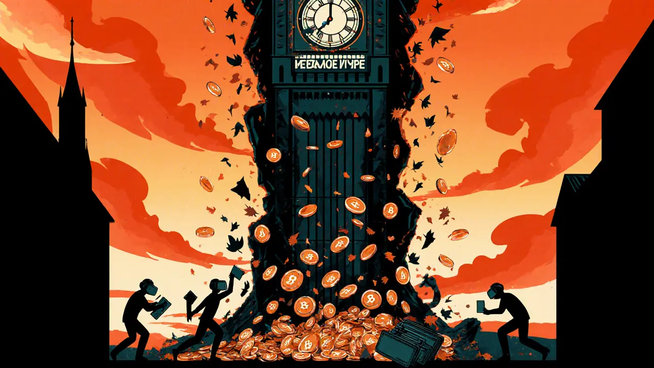 Giant clocktower labeled &#039;2021 Hype&#039; rains VR tokens as tiny investors scramble below.