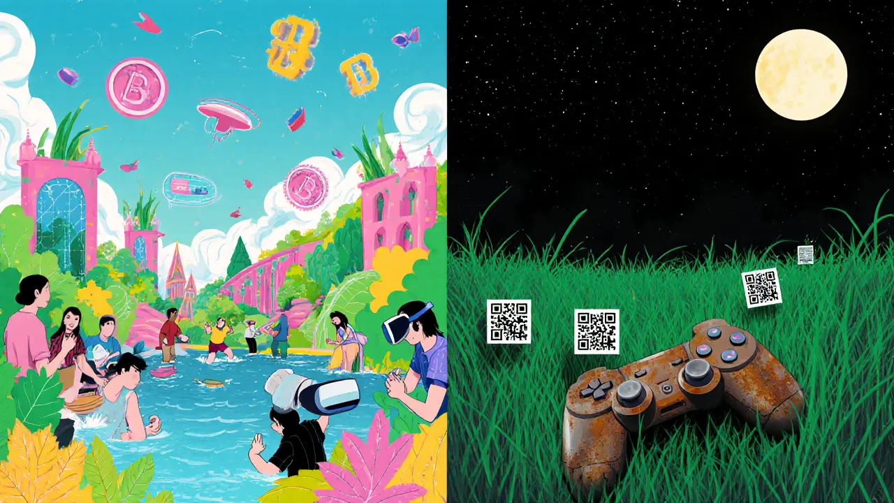 Split scene: vibrant metaverse vs. abandoned virtual world with rusting headsets under moonlight.