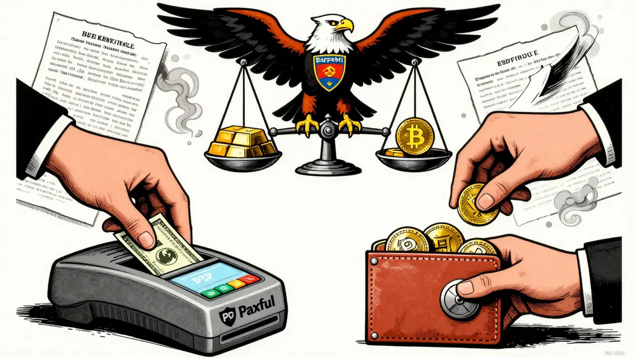 Two hands conducting a P2P crypto trade: one with cash, one with digital coins entering a vault-shaped wallet, regulatory eagle above.