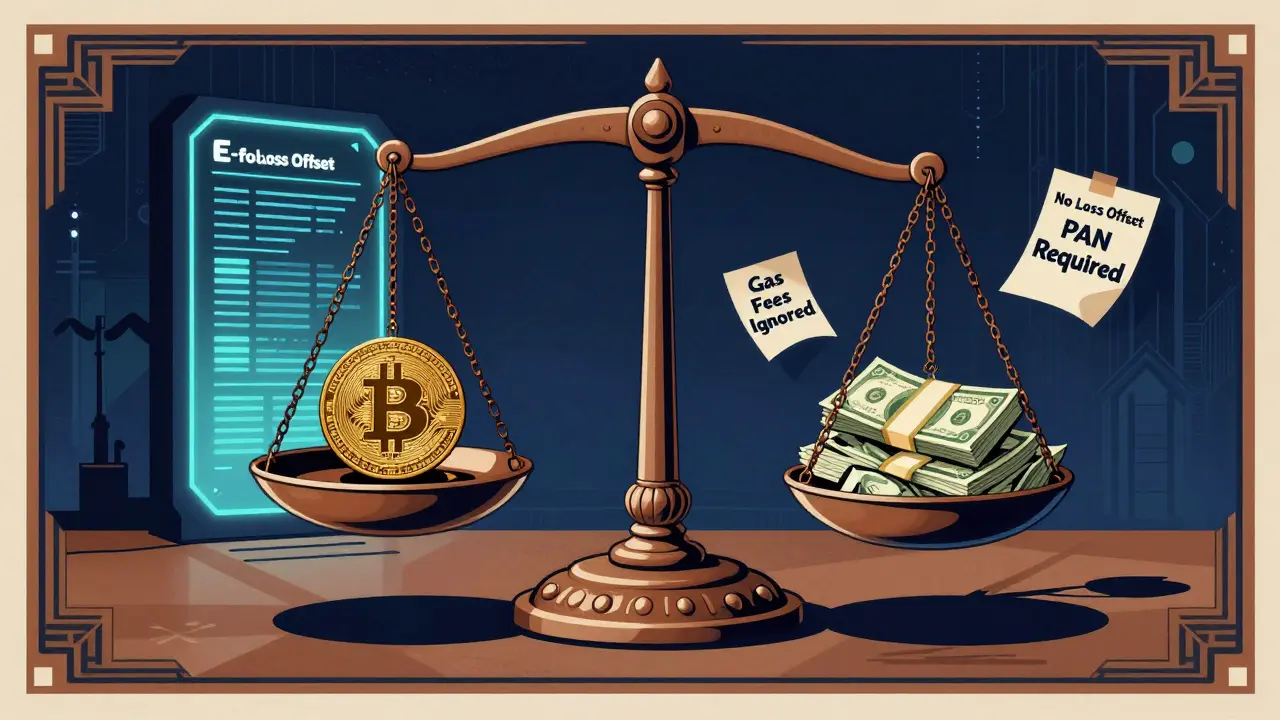 A Bitcoin sinks on a tax scale weighed down by chains labeled &#039;No Loss Offset&#039; and &#039;Gas Fees Ignored&#039;, under glowing e-filing portal.