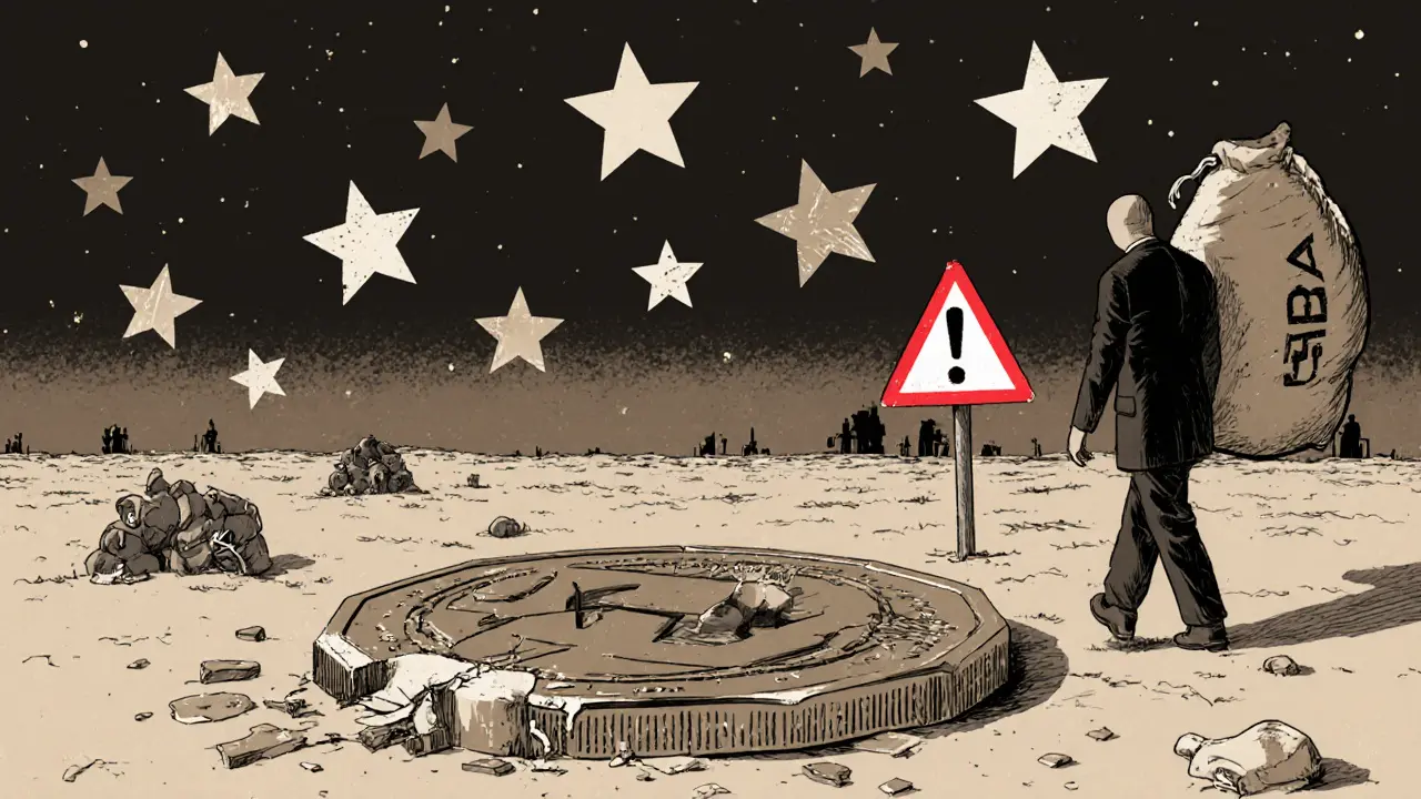 A cracked ARIA token abandoned in a digital wasteland, with a shadowy figure walking away carrying a &#039;Gas Fees&#039; sack.