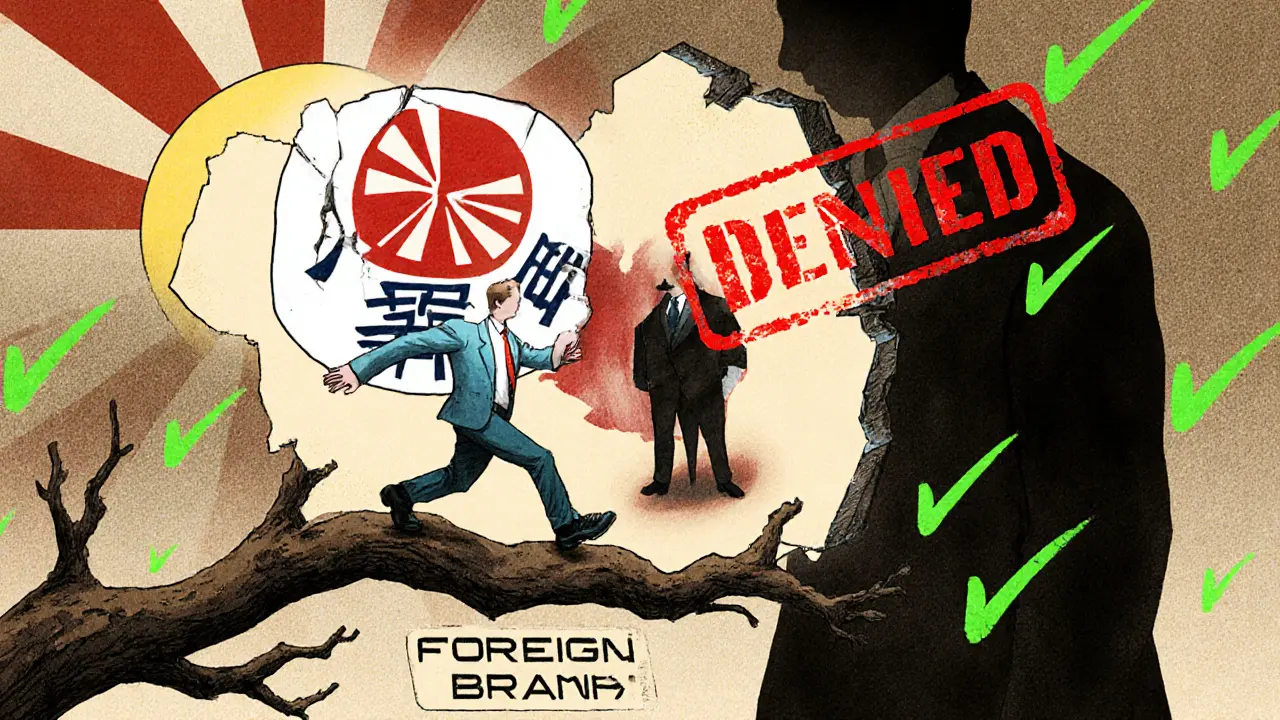 A foreign company transforming into a Japanese subsidiary through a sun-shaped portal, leaving behind a broken branch marked &#039;DENIED&#039;.