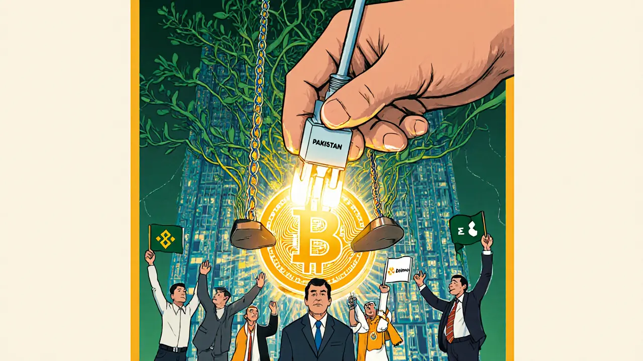 A giant hand plugs electricity into a swing-shaped Bitcoin miner, while IMF officials look on skeptically.