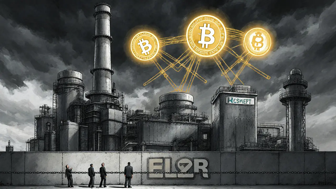 A giant oil company using crypto satellites while small businesses are chained below in surreal poster art.