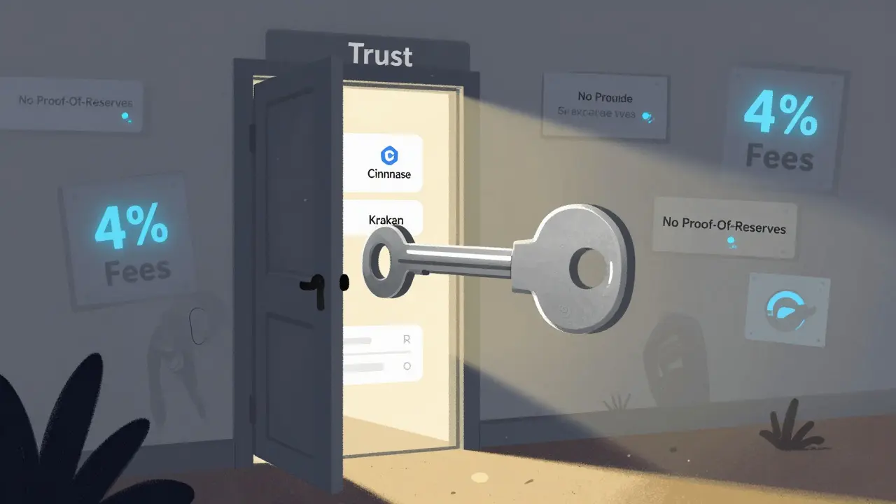 A giant security key unlocking a door to trusted crypto interfaces, with chaotic unregulated exchanges fading away.
