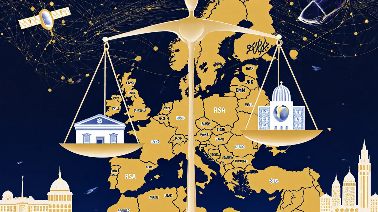 A glowing European quantum network connects banks and government buildings via fiber and satellite, with scales balancing quantum security against broken math.