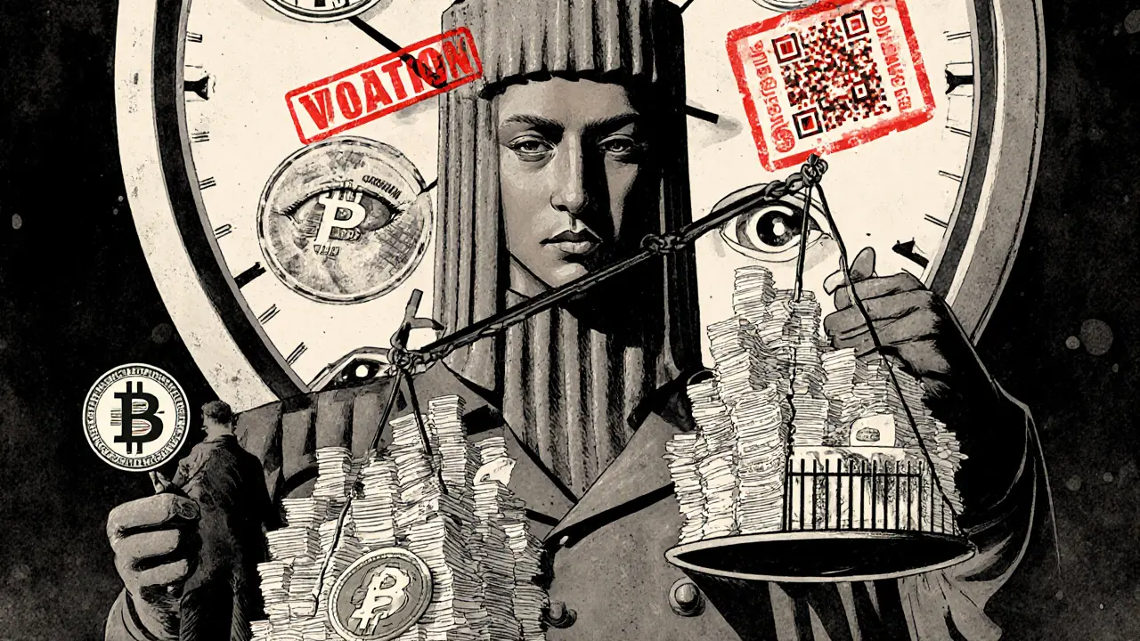 A government statue weighing crypto against paperwork, with a looming 2026 surveillance deadline.