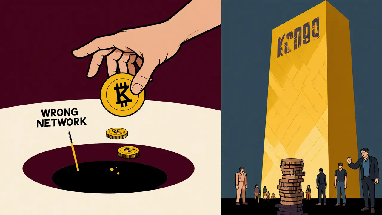 A KNG token falling into a network error black hole while another trader stakes successfully.